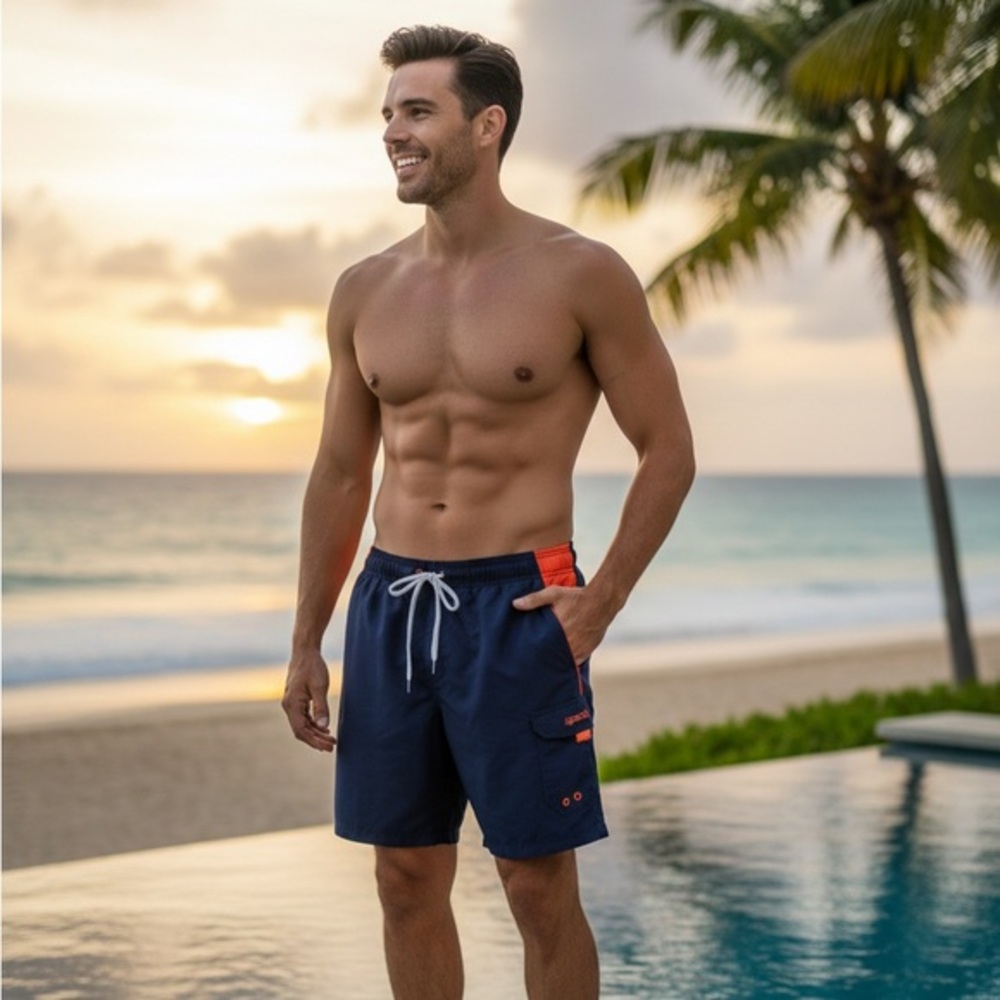 Speedo Men’s Swim Trunks - Navy & Orange Board Shorts - Size Large